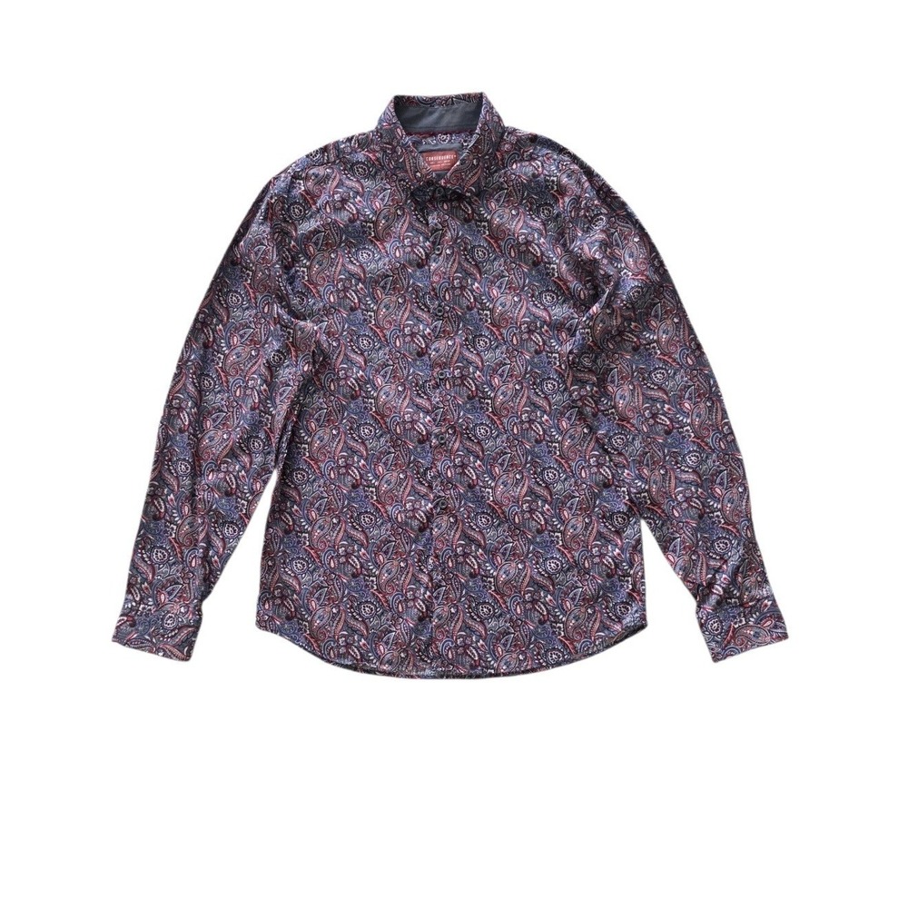 Consequence Mens Paisley Stretch Button Up Shirt L Red Black Floral Y2K Boho